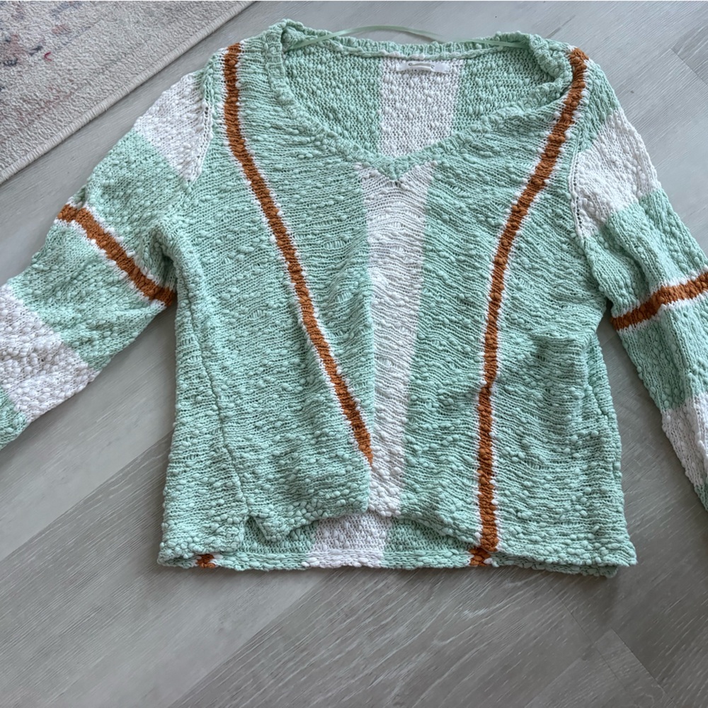 O'Neill Mint Green V-Neck Sweater with White and Rust Stripes